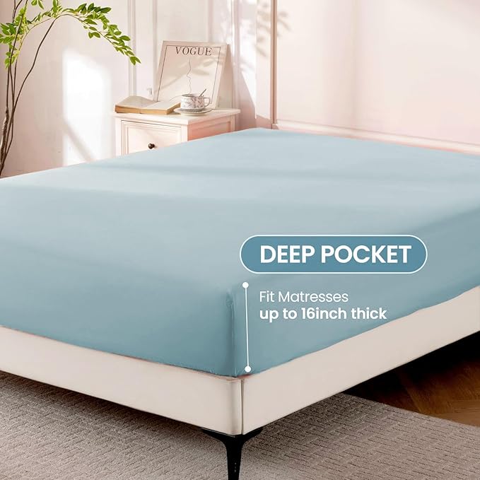 ROSE&RISY Light Blue King Sheet Set, 4 Pieces Soft Bedding King Sheet Set - Image 4