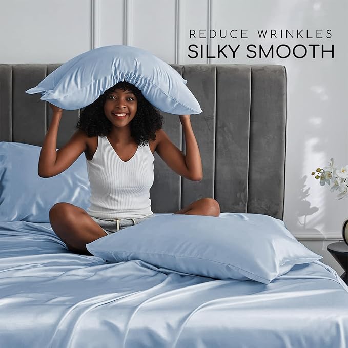 MR&HM Satin Bed Sheets with Elastic Corner Straps, Full Size Sheets Set - Image 3