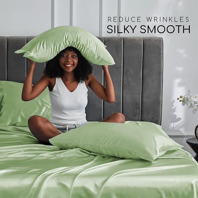 MR&HM Satin Bed Sheets with Elastic Corner Straps, Full Size Sheets Set - Image 3