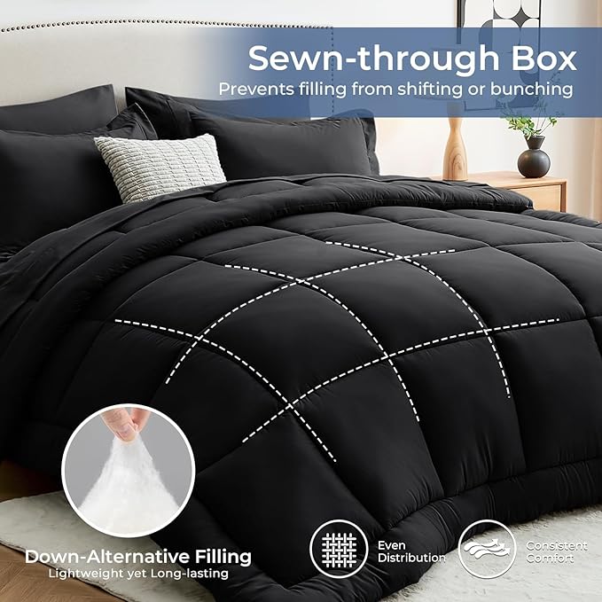 Sasttie King Size Comforter Set Black, 7 Pieces Bed in a Bag King, Complete - Image 3