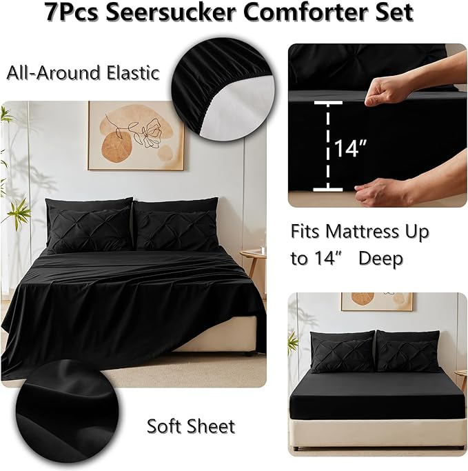 CozyLux Full Size Comforter Sets Black, 7 Pieces Pintuck Bed in A Bag Black - Image 6