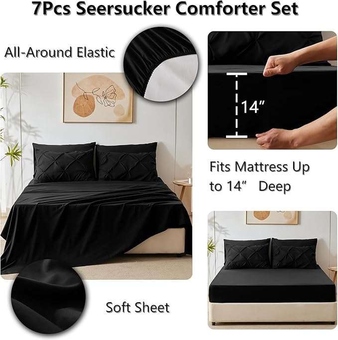 CozyLux King Size Comforter Set Black, 7 Pieces Pintuck Bed in A Bag Black - Image 6