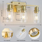 3-Lights Gold Bathroom Light Fixture, Brushed Brass Vanity Light - Image 2