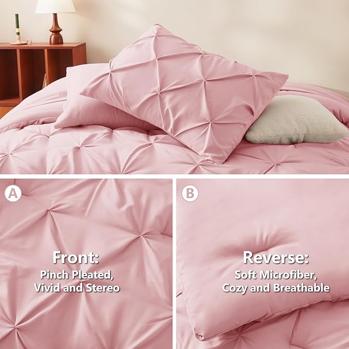 CozyLux Queen Comforter Set Pink, 7 Pieces Pintuck Bed in A Bag, Premium Pink - Image 3