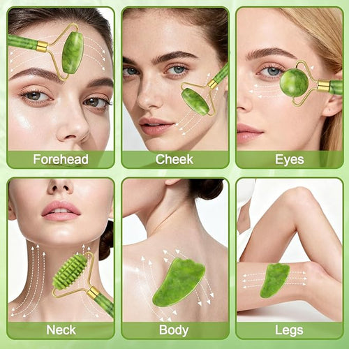 6Pcs Jade Roller for Face, Gua Sha Facial Tools for Women Natural Face Roller - Image 2