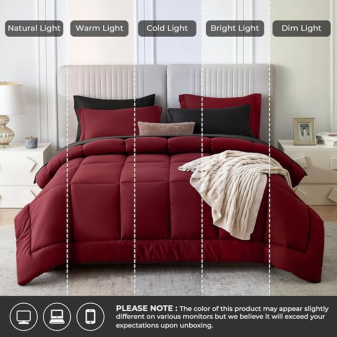 Sasttie Red & Black Full Size Comforter Sets, 7 Pieces Reversible Bed in a Bag - Image 8