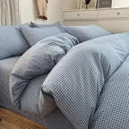PinkMemory Blue Gingham Duvet Cover Set Queen 100% Washed Cotton Plaid by PinkMemory