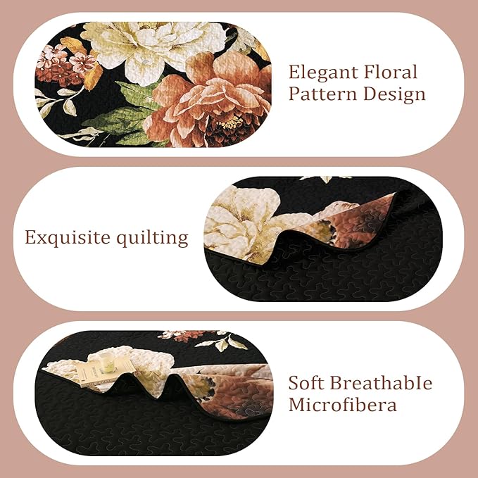 WONGS BEDDING Black Boho Floral Quilt Set Queen, Elegant Gold Flower Bedspread - Image 7