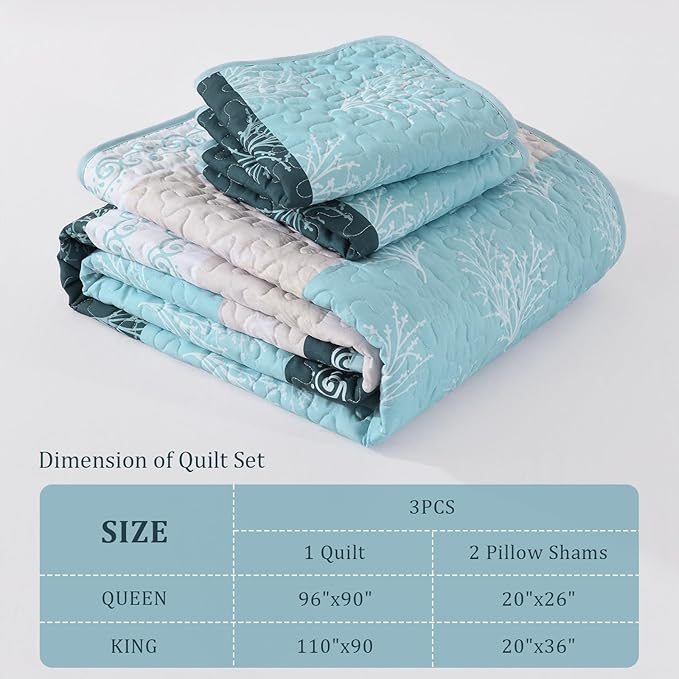 DJY Quilt Set Queen Size Light Blue Boho Striped Floral Bedspread Coverlet Set - Image 7