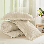 WONGS BEDDING Beige Textured Comforter Set King, 3 Pieces Ruffle Farmhouse - Image 7