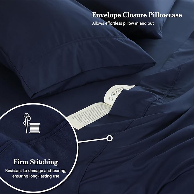 Queen Sheet Set 4 Pieces, Wrinkle Free, Oeko-Tex Certified Bedsheets，Navy Blue - Image 4