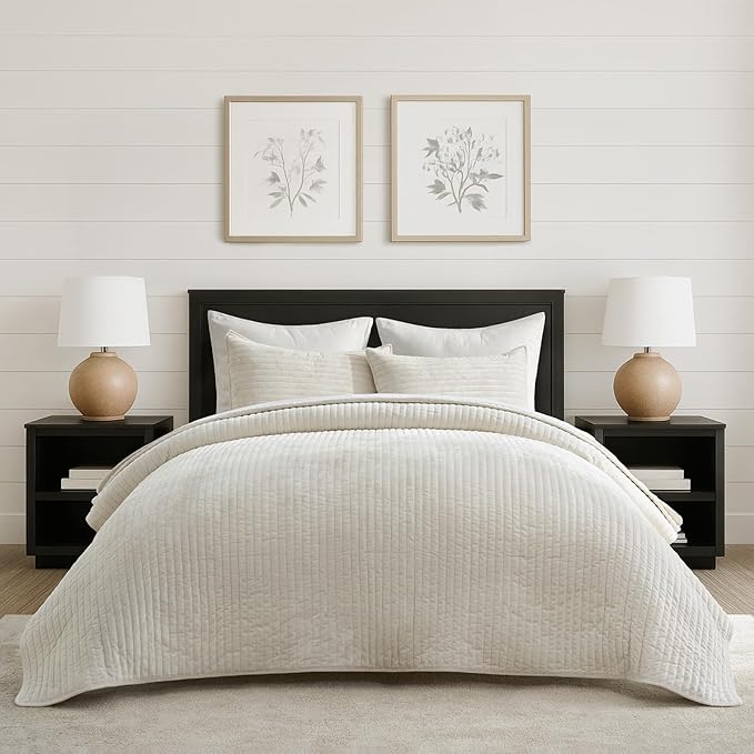 EVERGRACE Velvet Quilt Set Queen Size, Luxurious Soft Striped Channel Bedding by EverGrace