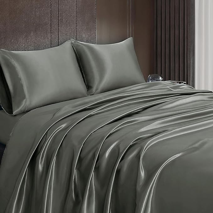 Homiest Dark Grey Satin Flat Sheet King Size, Luxury & Ultra Soft Bedding - Image 6
