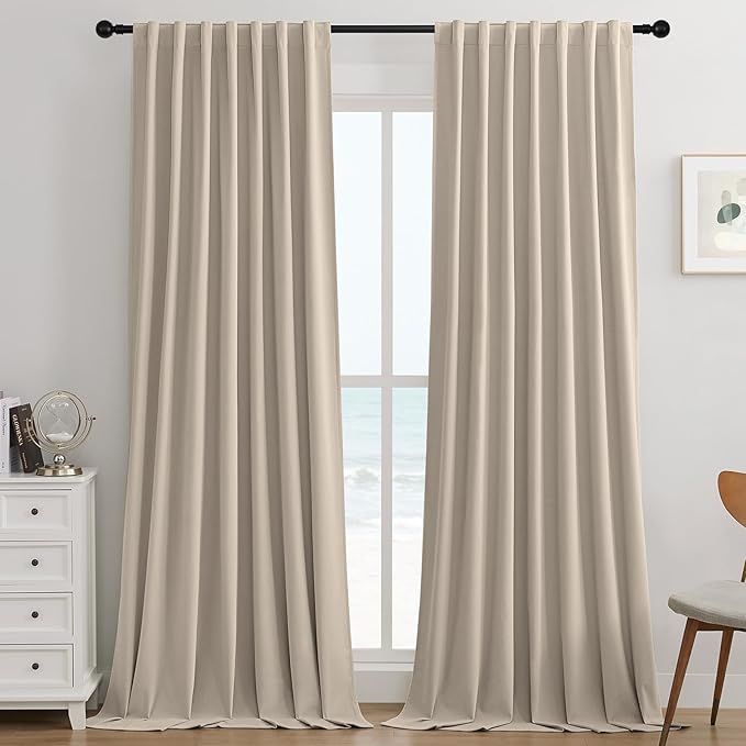 Joydeco Light Beige 100% Blackout Curtains 90 Inch 2 Panels, Luxury Thermal by JOYDECO