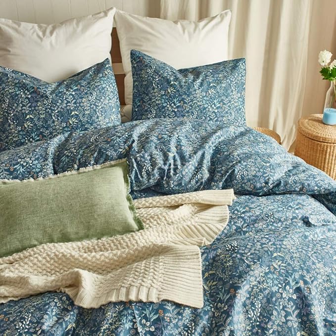 mixinni Blue Floral Duvet Cover King Size Cotton Flowers Pattern King Bedding - Image 2