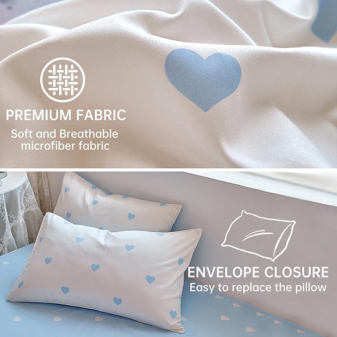 BOLINLIVING Cute Duvet Cover King Size, Reversible Light Blue & White Heart - Image 5