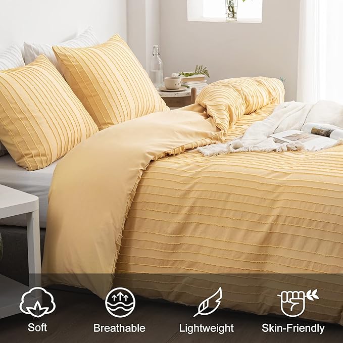 WARMDERN Yellow Boho Duvet Cover Set Queen Size, Striped Textured Duvet Cover - Image 3