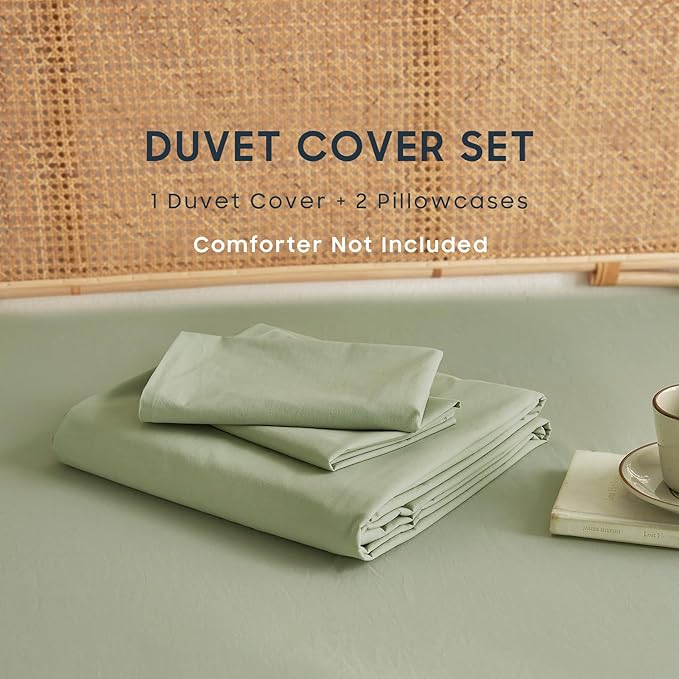 Wake In Cloud - Cotton Duvet Cover Set, King Size, Sage Green, 100% Washed - Image 2