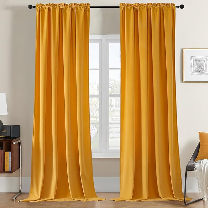 Joydeco Yellow Velvet Curtains 96 inch Length 2 Panels, Luxury Blackout Rod by JOYDECO