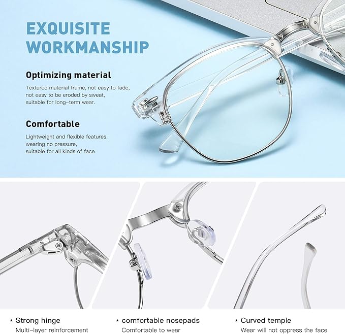 Blue Light Blocking Glasses Vintage Half Frame UV Clear Lens Anti Eyestrain - Image 3