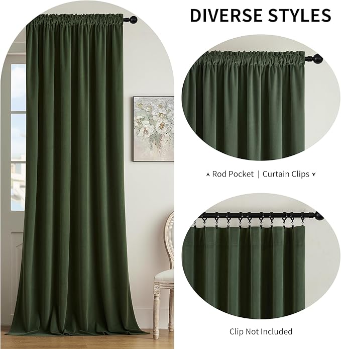 Joydeco Olive Green Velvet Curtains 72 inch Length 2 Panels, Luxury Blackout - Image 2