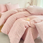 PinkMemory Pink Plaid Duvet Cover Set King 100% Washed Cotton Cute Pink Checked - Image 3