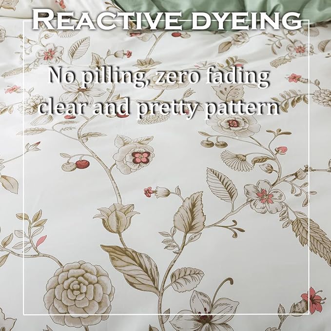 FADFAY Floral Bedding Set Twin 100% Cotton Shabby and Chic Beige Green - Image 5