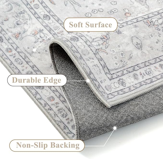 Grey 5x7 Area Rug Washable Vintage Carpet - Image 3