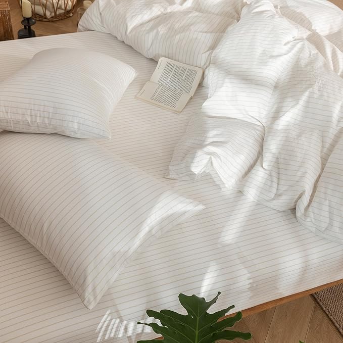MooMee Striped Duvet Cover Set 100% Washed Cotton Linen Like Textured - Image 7