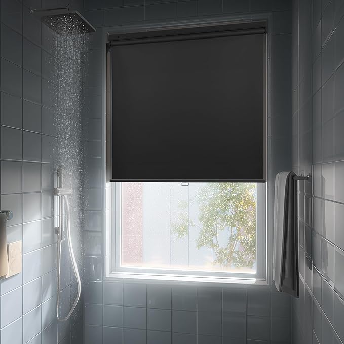 HESTIA No Drill Cordless Blackout Roller Shades Screwless Waterproof Shower by HESTIA