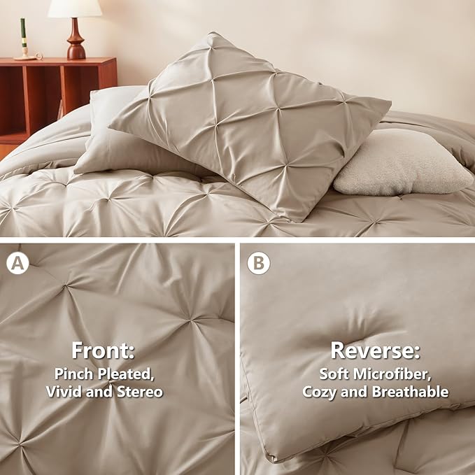 CozyLux Full Size Comforter Sets Wheat, 7 Pieces Pintuck Bed in A Bag Wheat - Image 3