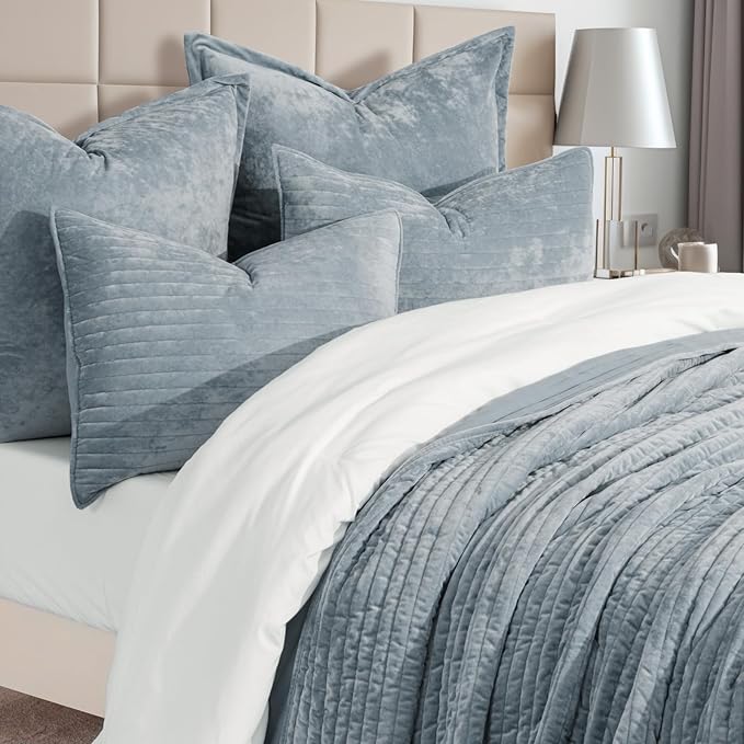 EVERGRACE Velvet Quilt Set Queen Size, Luxurious Soft Striped Channel Bedding - Image 4