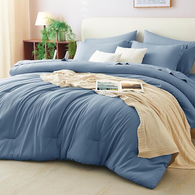 CozyLux Oversized King Comforter Set Grayish Blue, 7 Pieces Bed in a Bag by CozyLux