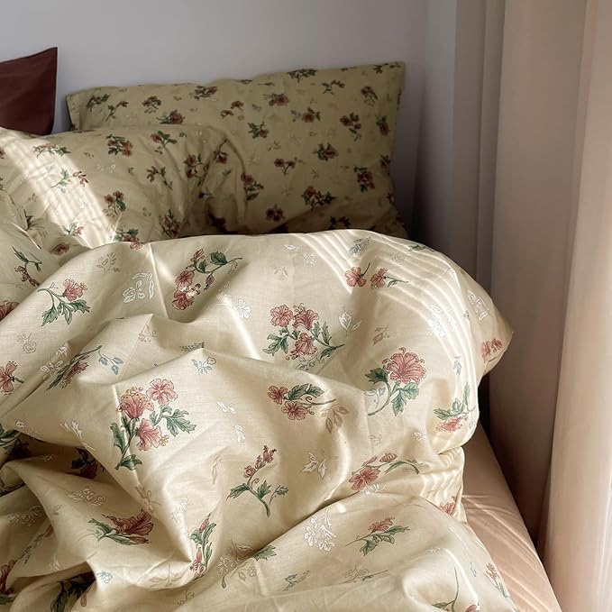 MKXI Yellowish Beige & Red Floral Duvet Cover Set Twin Size - Image 3