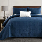 Yiran Navy Blue Quilt Set Queen Size Lightweight Bedspread Embossed Pattern by Yiran