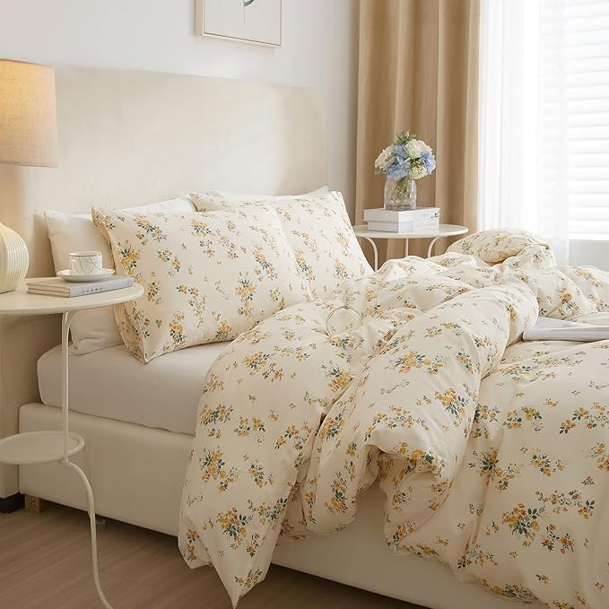 mixinni Aesthetic Floral Duvet Cover Set Twin XL Size, Farmhouse Boho Yellow - Image 2