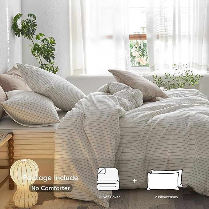 MooMee Striped Duvet Cover Set 100% Washed Cotton Linen Like Textured - Image 2