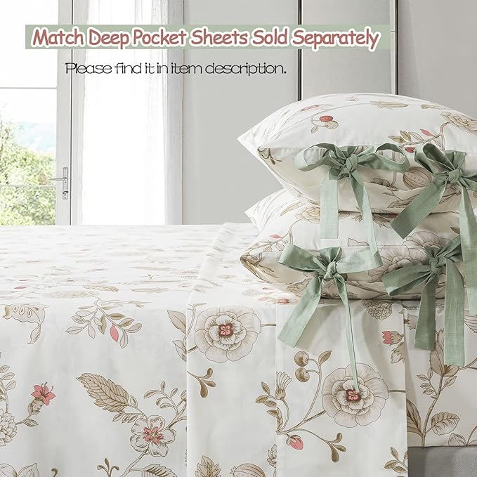 FADFAY Floral Bedding Set King/Cal King 100% Cotton Shabby and Chic Beige Green - Image 6