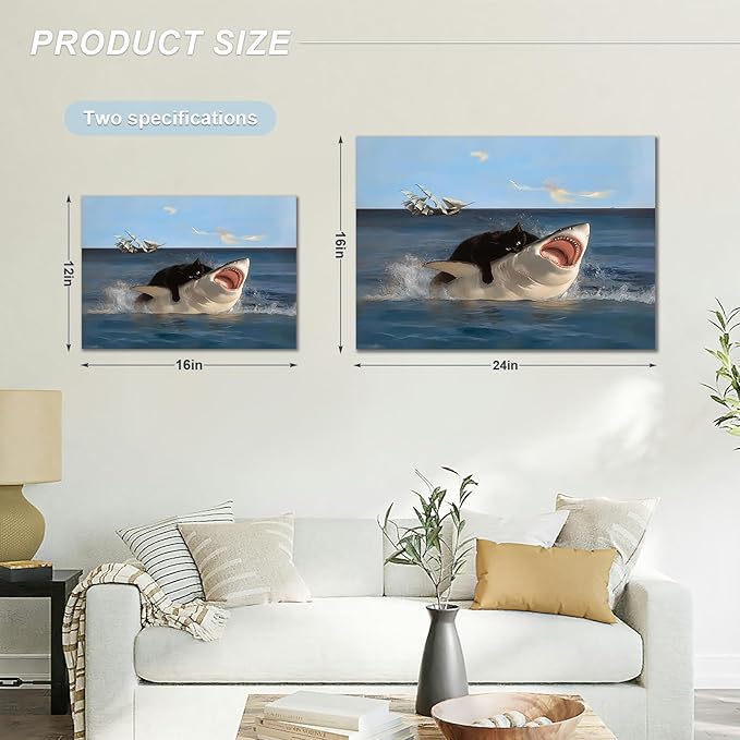 BFKDKG Framed Black Cat Wall Art, Funny Quirky Cat and Shark Pictures Canvas - Image 7
