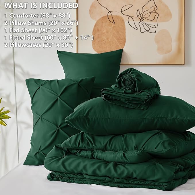 CozyLux Queen Comforter Set Emerald Green, 7 Pieces Pintuck Bed in A Bag - Image 7