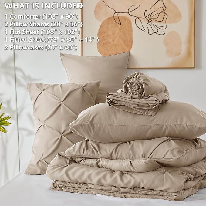 CozyLux King Size Comforter Set Khaki, 7 Pieces Pintuck Bed in A Bag Khaki - Image 5