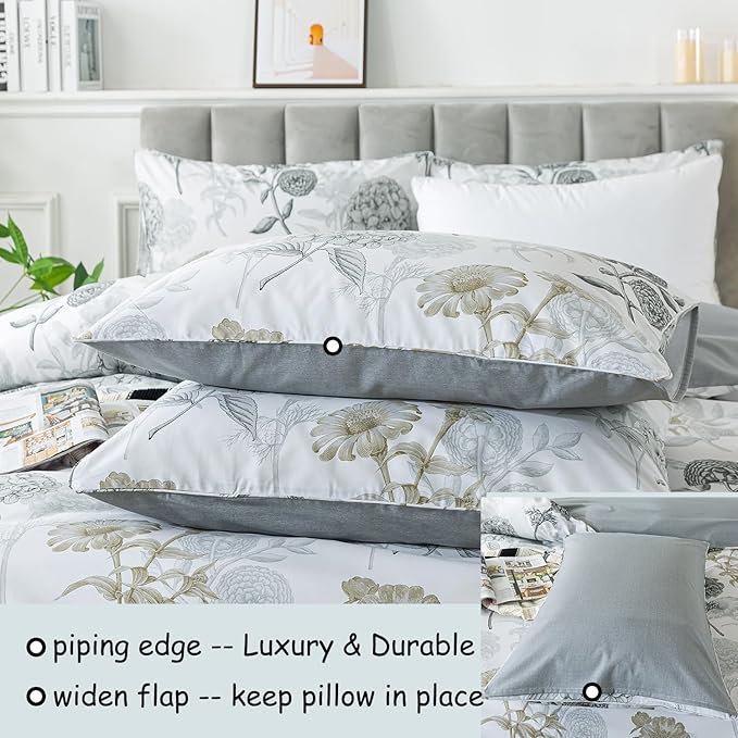 FADFAY Floral Duvet Cover Sets Full Size 100% Cotton Ink Grey Vintage Flower - Image 4