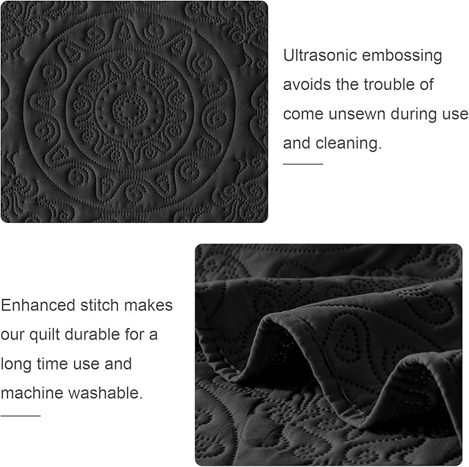 WURUIBO Black Quilt Set King/Cal King Size, Embossing Microfiber Bedspreads - Image 5