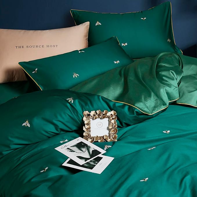mixinni Dark Green Duvet Cover Queen Size, 100% Long Staple Cotton Honeybee - Image 3