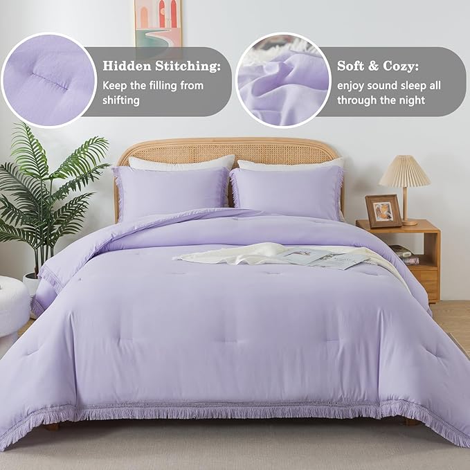 Andency Comforter King Size Bed Set Lavender, All Season Soft Tassel Bed Set - Image 7