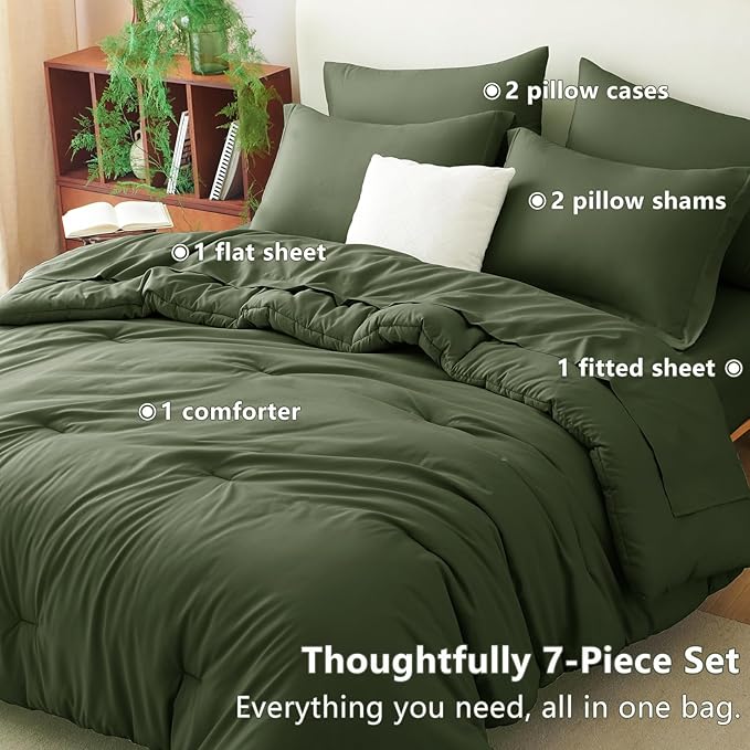 CozyLux Oversized Queen Comforter Set Olive Green, 7 Pieces Bed in a Bag - Image 6