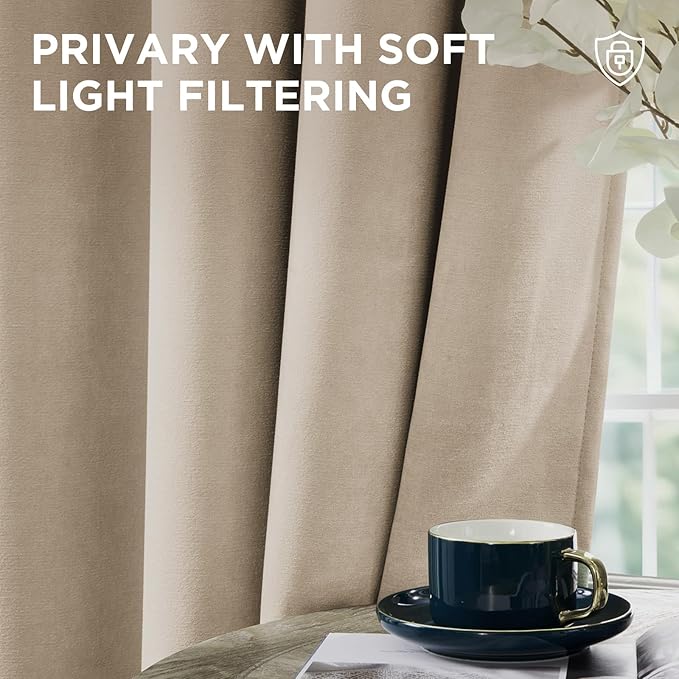 Joydeco Latte Coffee Velvet Curtains 84 Inches 2 Panels, Luxury Thermal - Image 6