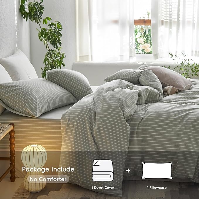 MooMee Striped Duvet Cover Set 100% Washed Cotton Linen Like Textured - Image 2