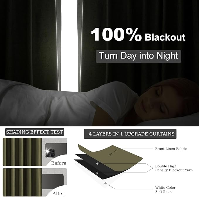 Topfinel Olive Green 102 Inches Long Custom Blackout Linen Curtains, Pinch - Image 2