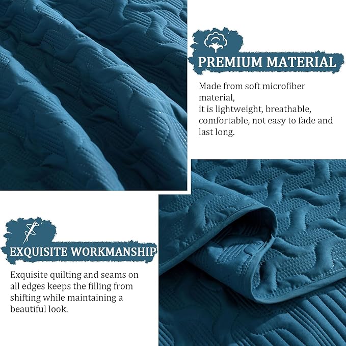 Yiran Teal Blue Quilt Set King Size Lightweight Bedspread Ultrasonic Wave - Image 6